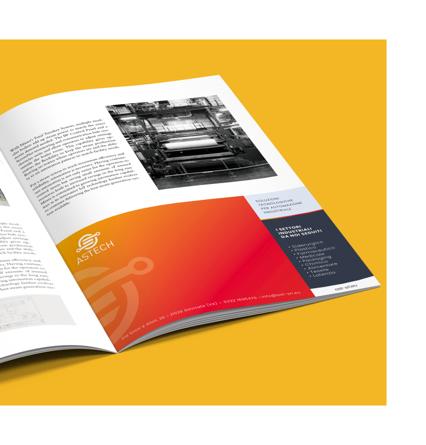 Pagina brochure AST con fotografia di macchinario industriale