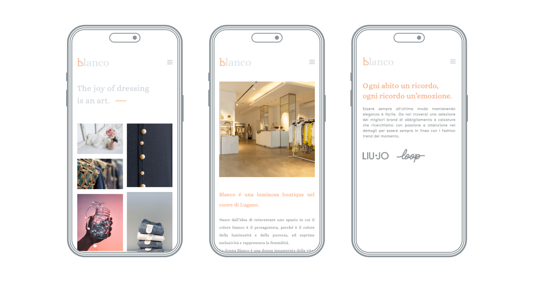 Tre schermate mobile del sito Blanco con home, boutique e brand story