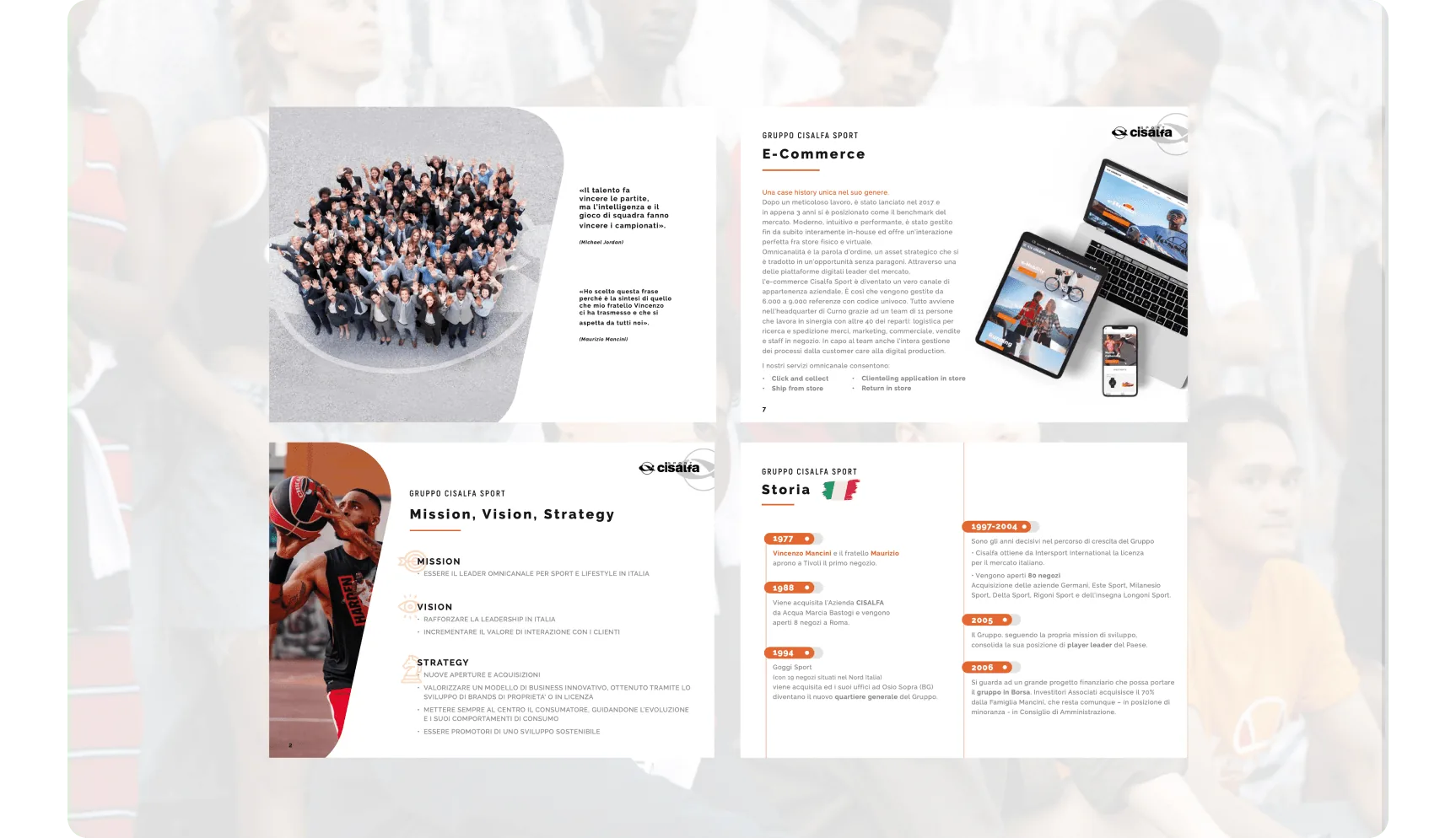 Composizione di pagine Cisalfa su e‑commerce, mission e storia aziendale