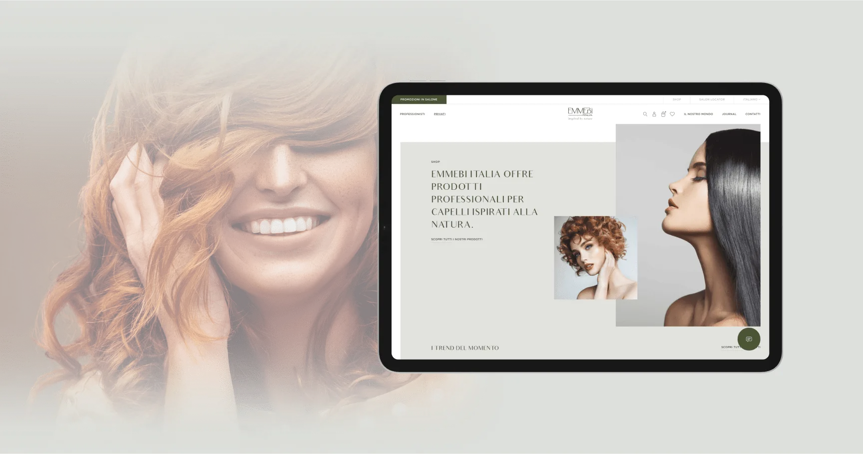 Visual tablet EMMEBI affiancato a ritratto beauty