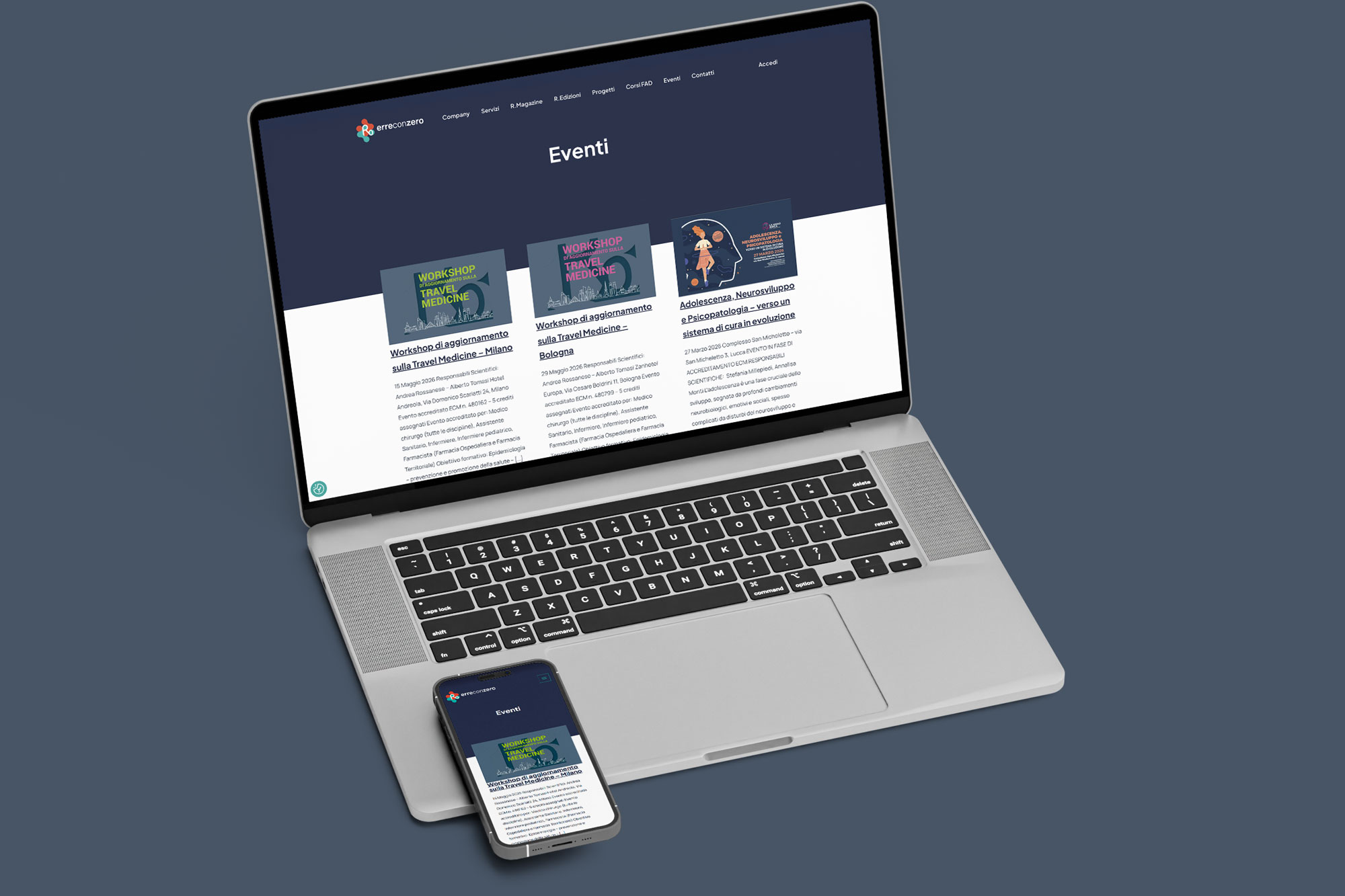 Mockup fotografico della pagina R.Magazine Erreconzero su MacBook e iPhone