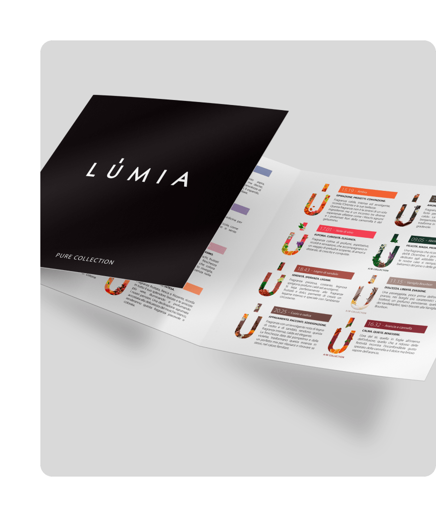 Doppia pagina di catalogo per Lumia: art direction ed editorial design per collezioni home fragrance