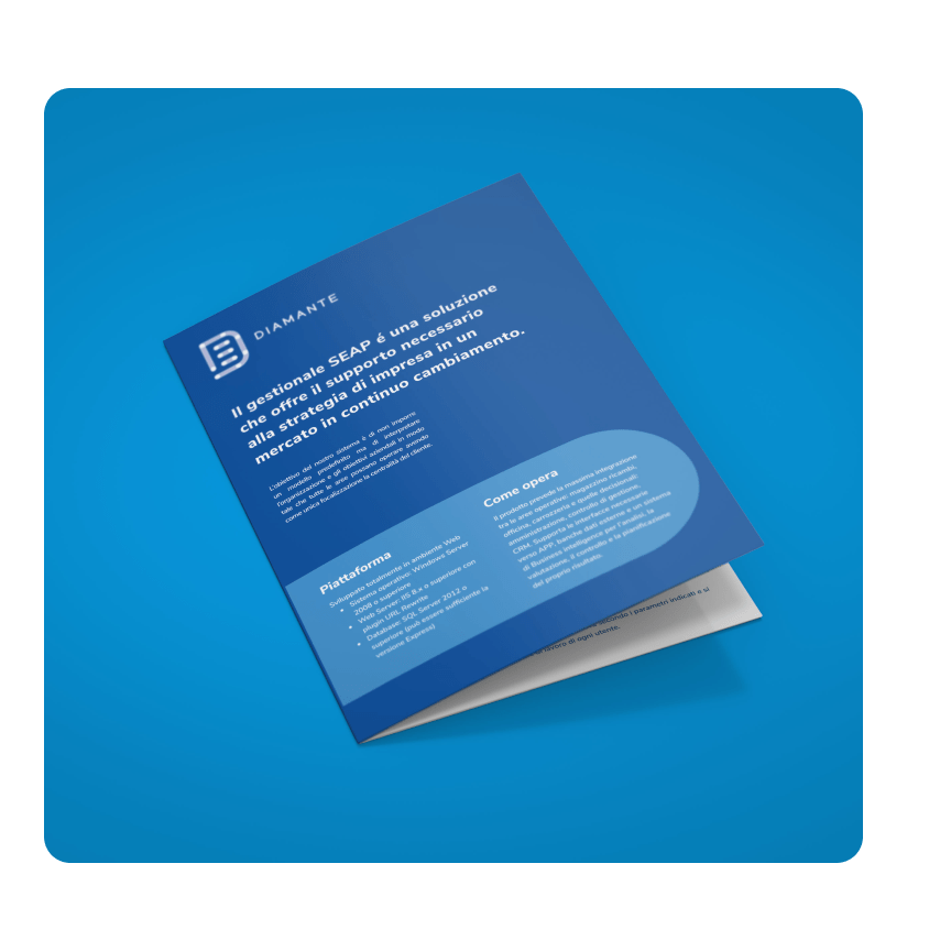 Leaflet Diamante Seap su fondo blu con testo descrittivo