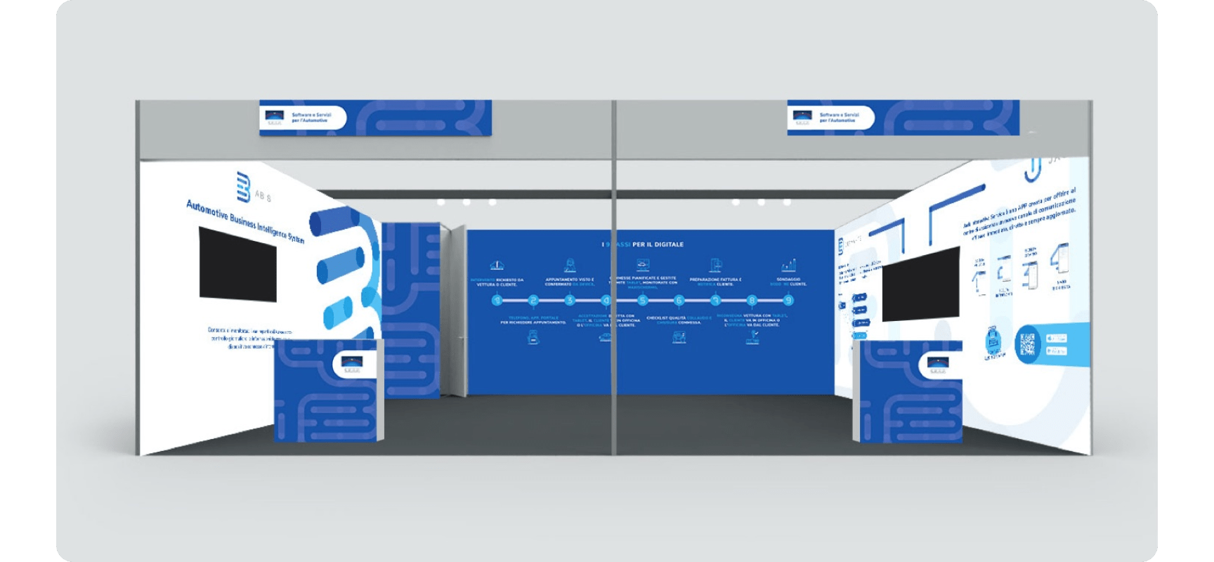 Render dello stand Seap con pannelli informativi e bancone frontale